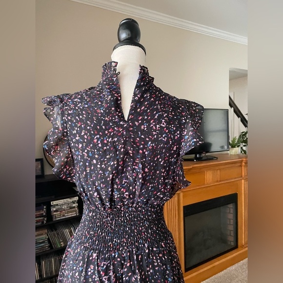 AQUA Flutter Sleeve Midi Sheer Fabric Dress Smocked Waist Confetti Print Size XS - Picture 5 of 13